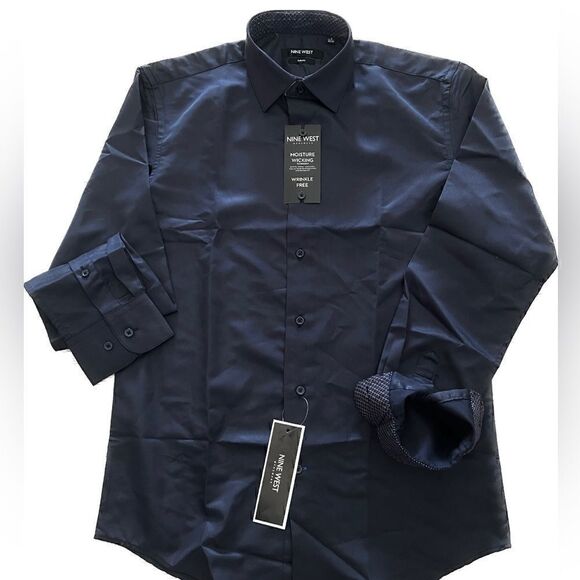 NINE WEST Men's Slim-Fit Wrinkle-Free Stretch DARK NAVY M (15-15 1/2) 32/33 - Picture 10 of 13